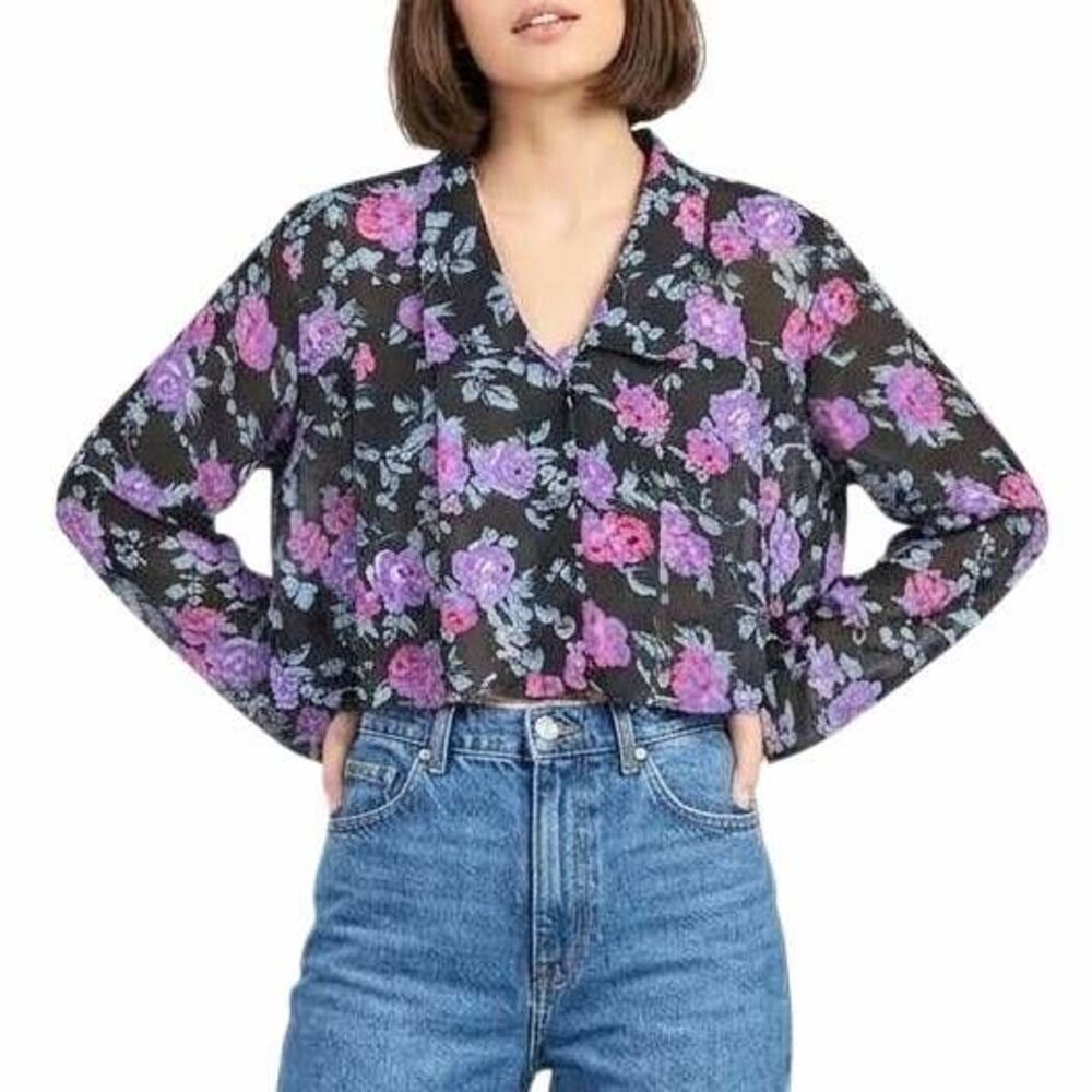 Vintage 90s Contempo Casuals Black & Purple floral crop blouse top women L / XL